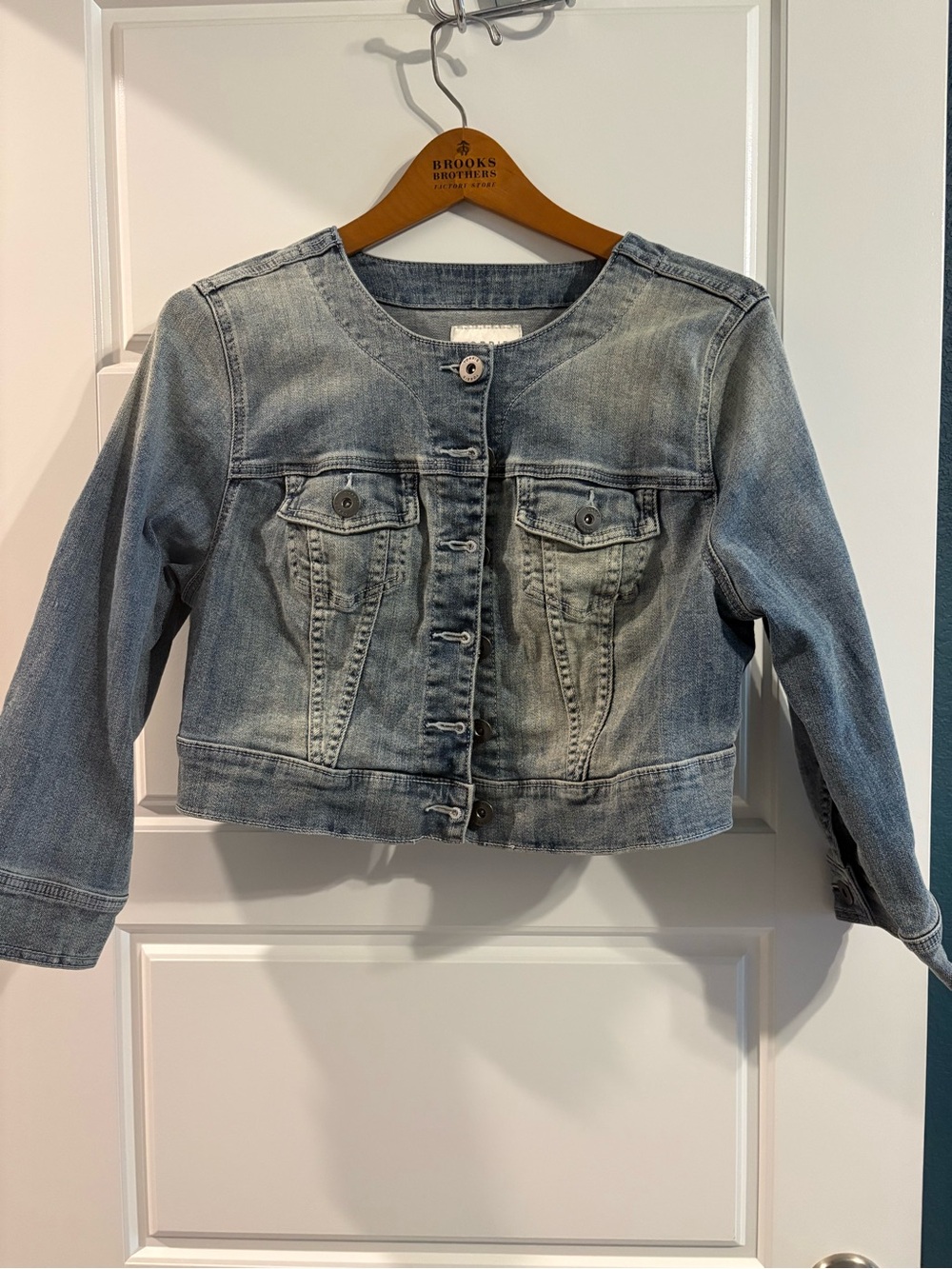 Torrid Denim Jacket Size 00 Light Wash Cropped Collarless Stretch Jean Jacket